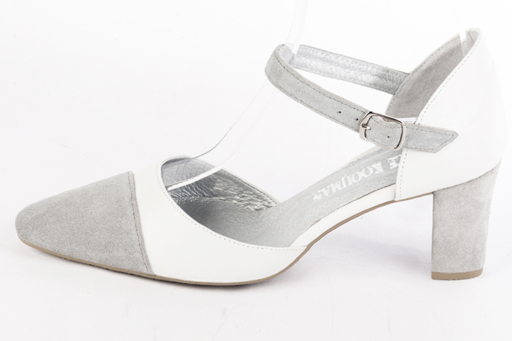 Pearl grey and pure white women's open side shoes, with an instep strap. Round toe. Medium block heels. Profile view - Florence KOOIJMAN